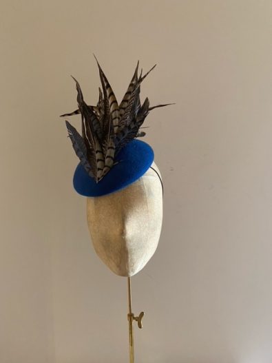 Hat Base: Royal Blue Felt, Pheasant Feathers: Natural & Shock Blue