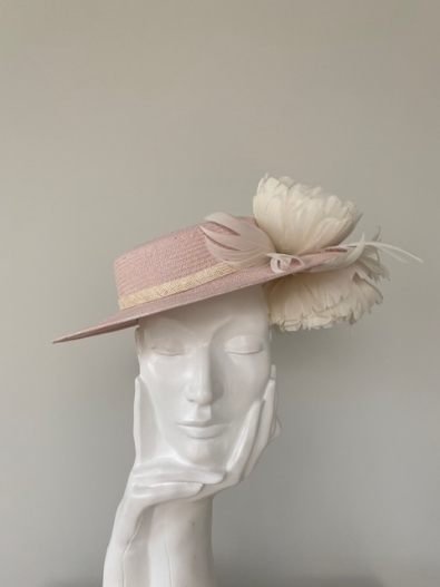 Hat Base: Soft Pink, Feather Flowers: Ivory