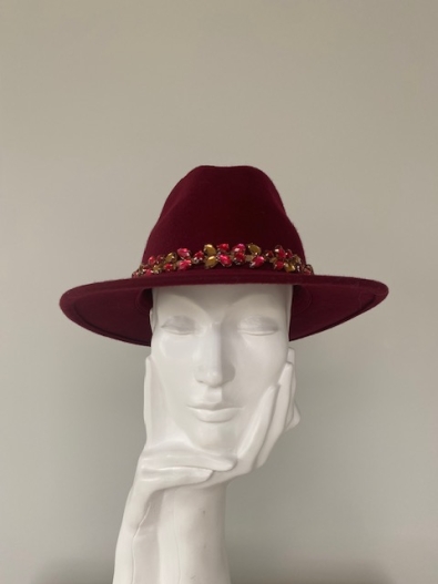 Fedora Hat: Claret, Beaded Trim