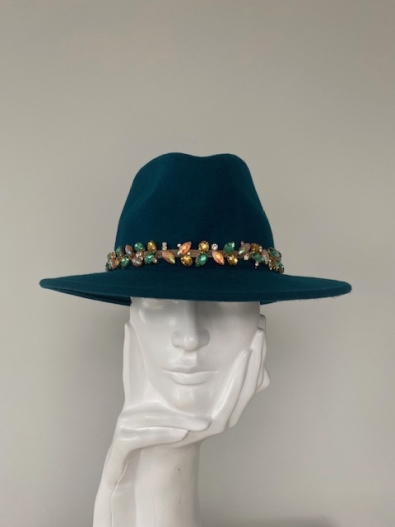 Fedora Hat: Teal, Beaded Trim