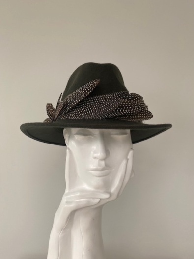Fedora Hat: Country Green, Trim: Guinea Fowl Feathers