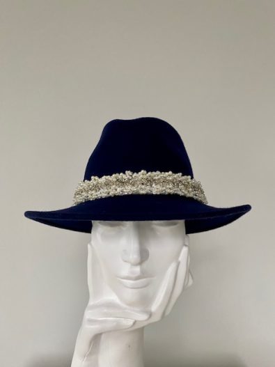 Navy Fedora Hat, Beaded Trim