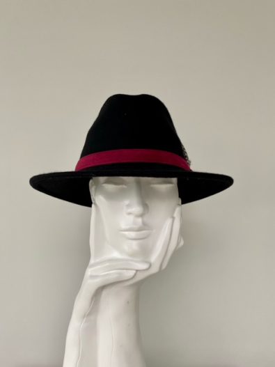 Black Fedora, Red Suede Band, Feather Trim