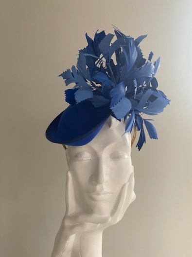 Hat Base; Royal Blue Felt, Feathers: Shock Blue & Denim Stone