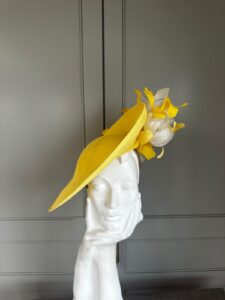 exclusive York Dish Hat, yellow and ivory dish hat, ready to ship hat, ready to ship ascot hat, ship today ascot hat