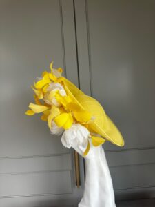 exclusive York Dish Hat, yellow and ivory dish hat, ready to ship hat, ready to ship ascot hat, ship today ascot hat