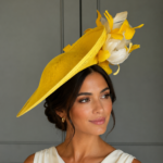 exclusive York Dish Hat, yellow and ivory dish hat, ready to ship hat, ready to ship ascot hat, ship today ascot hat