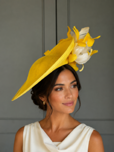 exclusive York Dish Hat, yellow and ivory dish hat, ready to ship hat, ready to ship ascot hat, ship today ascot hat