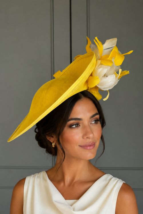 exclusive York Dish Hat, yellow and ivory dish hat, ready to ship hat, ready to ship ascot hat, ship today ascot hat