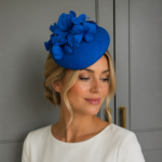 Ready to wear balmoral pillbox hat in denim stone hostie hats, ready to ship hat, ready to wear hat, ascot hat, royal ascot summer wedding hat