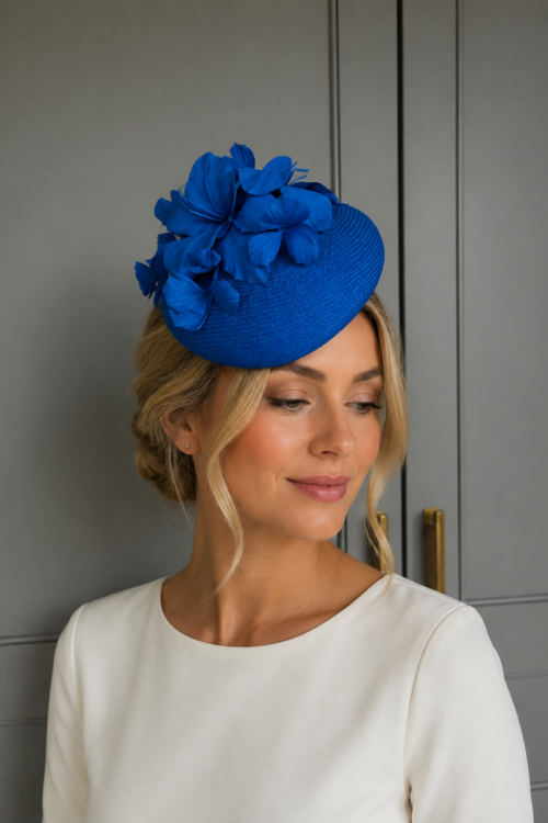 Ready to wear balmoral pillbox hat in denim stone hostie hats, ready to ship hat, ready to wear hat, ascot hat, royal ascot summer wedding hat