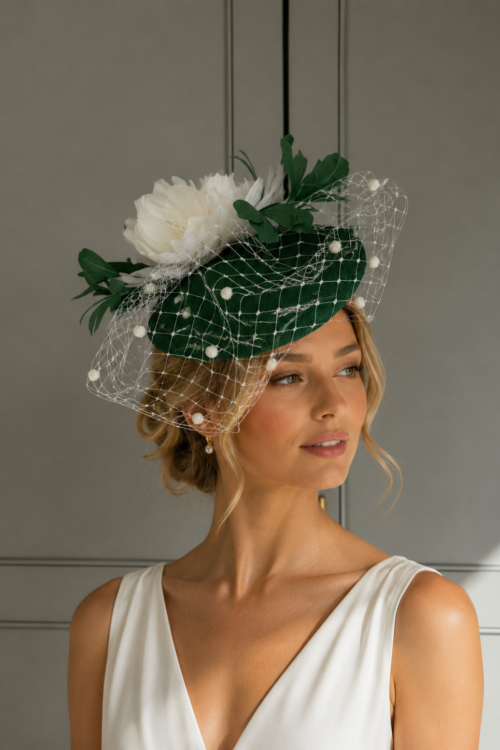 ready to wear barlow pillbox hat deep green, ready to ship ascot hat, ready to ship wedding hat
