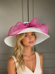 Ready to wear hepburn hat in white and pink, ready to ship hat, ready to ship ascot hat, ready to ship wedding hat, next day delivery ascot hat, next day delivery wedding hat
