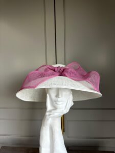 Ready to wear hepburn hat in white and pink, ready to ship hat, ready to ship ascot hat, ready to ship weddinghat, next day delivery ascot hat, next day delivery wedding hat