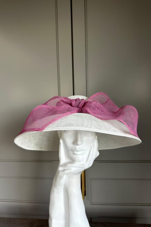 Ready to wear hepburn hat in white and pink, ready to ship hat, ready to ship ascot hat, ready to ship weddinghat, next day delivery ascot hat, next day delivery wedding hat
