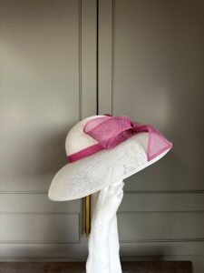 Ready to wear hepburn hat in white and pink, ready to ship hat, ready to ship ascot hat, ready to ship weddinghat, next day delivery ascot hat, next day delivery wedding hat