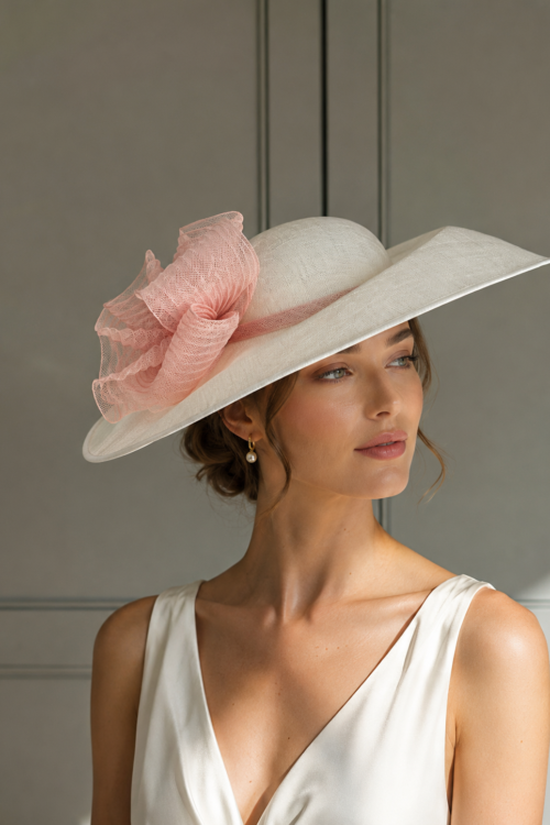 Ready to wear coventry dish hat ivory an pale pink, ready to ship ascot hat, ready to ship wedding hat