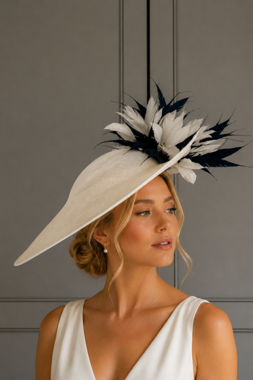 Ready to wear whitby dish hat ivory and navy, ready to ship ascot hat, ready to schip hat for royal ascot, ready to ship hat wedding, next day delivery ascot hat, next day delivery wedding hat