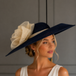 ready to wear coventry hat navy and cream, ready to ship navy ascot hat, ready to ship navy weddin ghat, next day navy ascot hat, next day delivery wedding hat