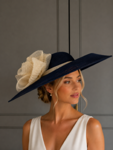 ready to wear coventry hat navy and cream, ready to ship navy ascot hat, ready to ship navy weddin ghat, next day navy ascot hat, next day delivery wedding hat