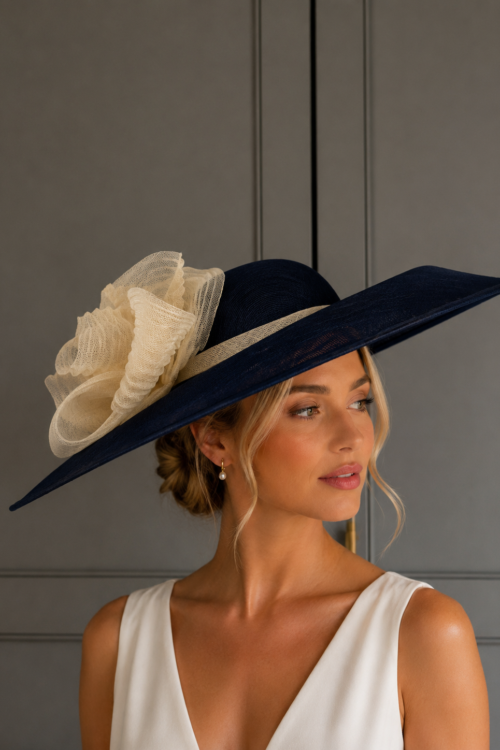 ready to wear coventry hat navy and cream, ready to ship navy ascot hat, ready to ship navy weddin ghat, next day navy ascot hat, next day delivery wedding hat