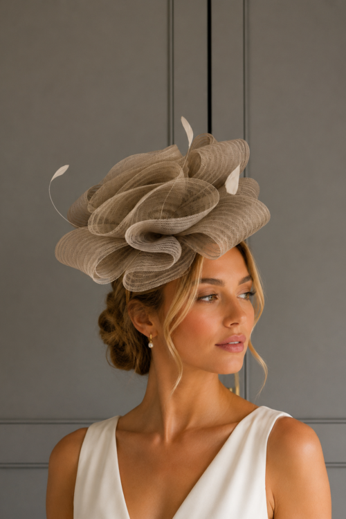 Ready to wear luton fascinator hessian, ready to ship ascot fascinator, ready to ship wedding fasinator, next day delivery wedding fascinator, next day delivery ascot fascinator