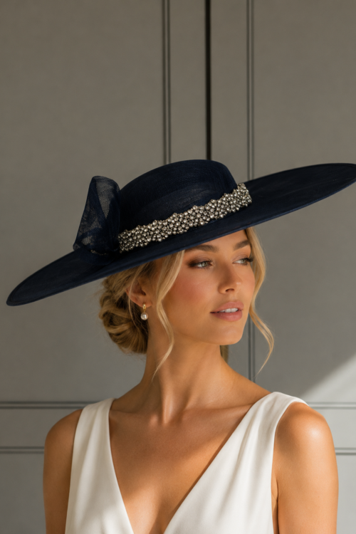 Ready to wear Newbury hat navy blue, ready to ship navy blue ascot hat, ready to ship navy blue wedding hat