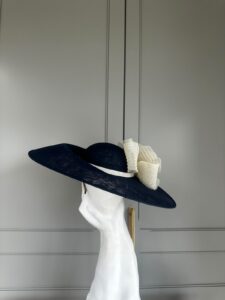 ready to wear coventry hat navy and cream, ready to ship navy ascot hat, ready to ship navy weddin ghat, next day navy ascot hat, next day delivery wedding hat
