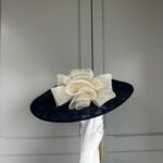 ready to wear coventry hat navy and cream, ready to ship navy ascot hat, ready to ship navy weddin ghat, next day navy ascot hat, next day delivery wedding hat