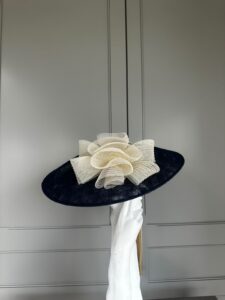 ready to wear coventry hat navy and cream, ready to ship navy ascot hat, ready to ship navy weddin ghat, next day navy ascot hat, next day delivery wedding hat