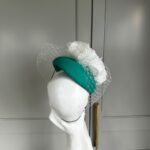 ready to wear parrot pillbox hat in surgical green, hostie hats, ready to ship hat, green ascot hat, royal ascot hat, wedding hat green