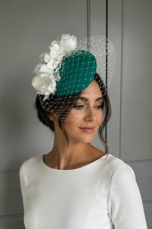 ready to wear parrot pillbox hat in surgical green, hostie hats, ready to ship hat, green ascot hat, royal ascot hat, wedding hat green