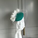 ready to wear parrot pillbox hat in surgical green, hostie hats, ready to ship hat, green ascot hat, royal ascot hat, wedding hat green